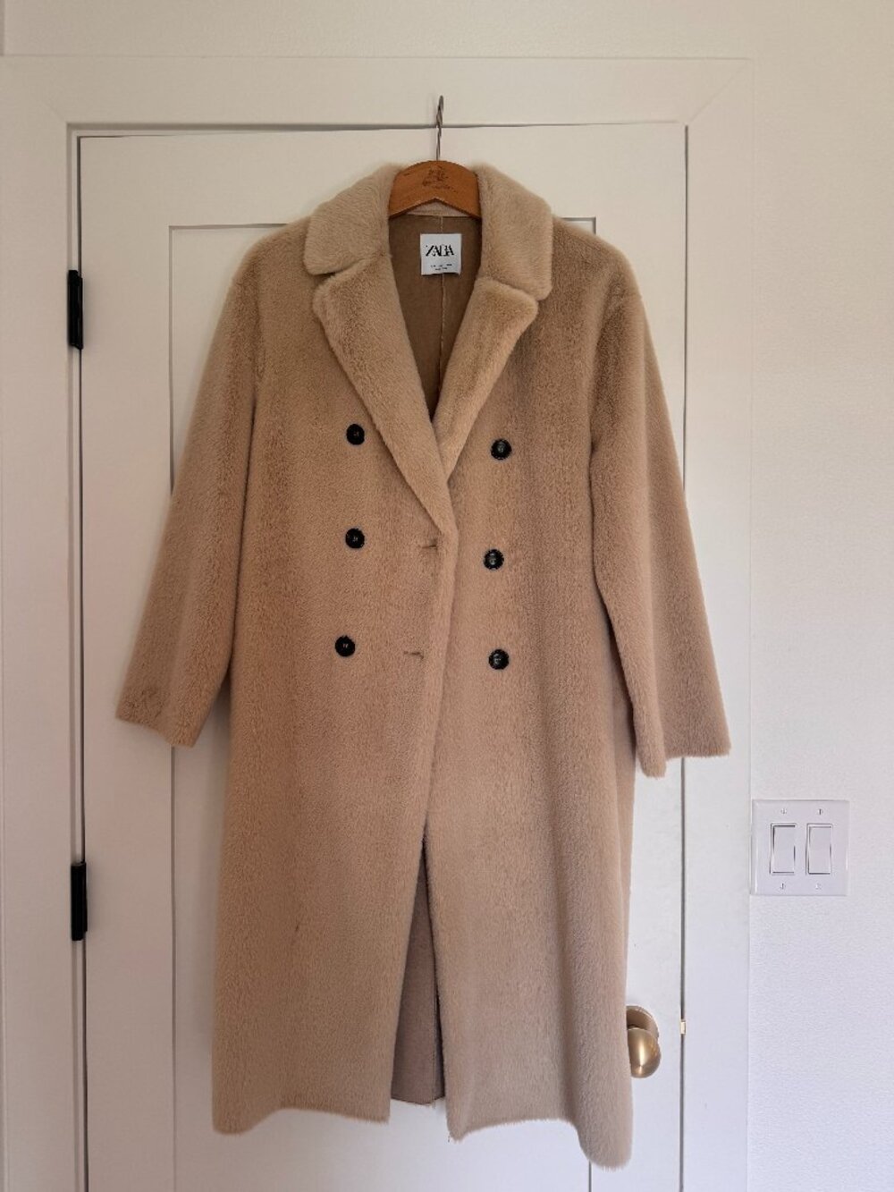Zara Tan Faux Fur Double Breasted Coat Jacket Size Small